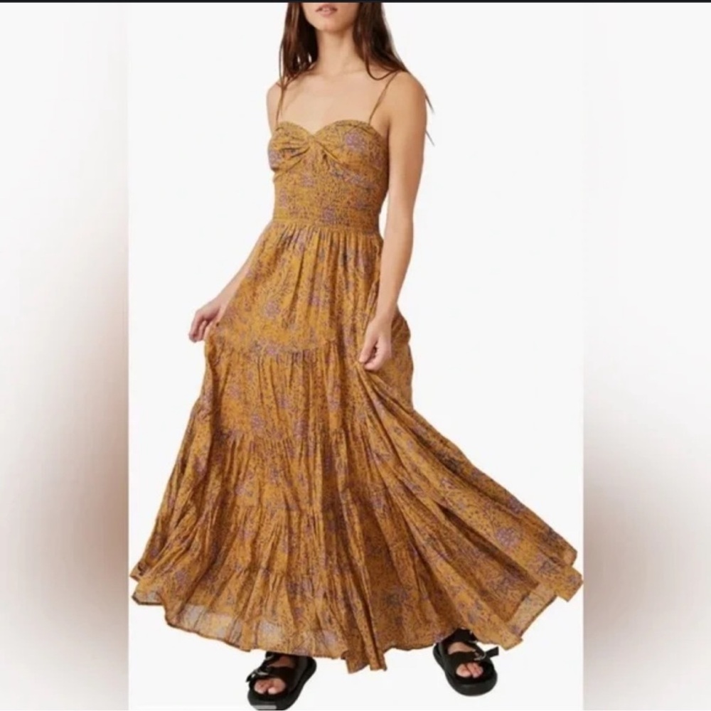 RARE Free People Sundrenched Printed Olive Maxi Dress